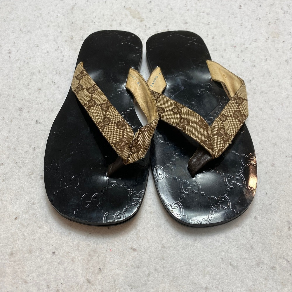 Gucci Sandals Mens 41 Black Brown Iconic GG Monogram Canvas Thong Flip Flop - Picture 2 of 11